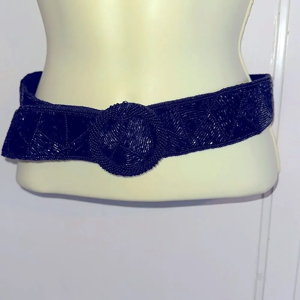 Vintage 80s Crown‎ Pacific black silk beaded dressy belt